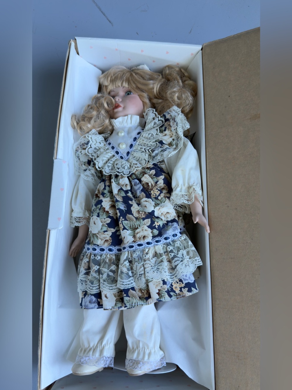 Porcelain Victorian-Style Doll in Navy Floral Dress - Cream Lace Accents
